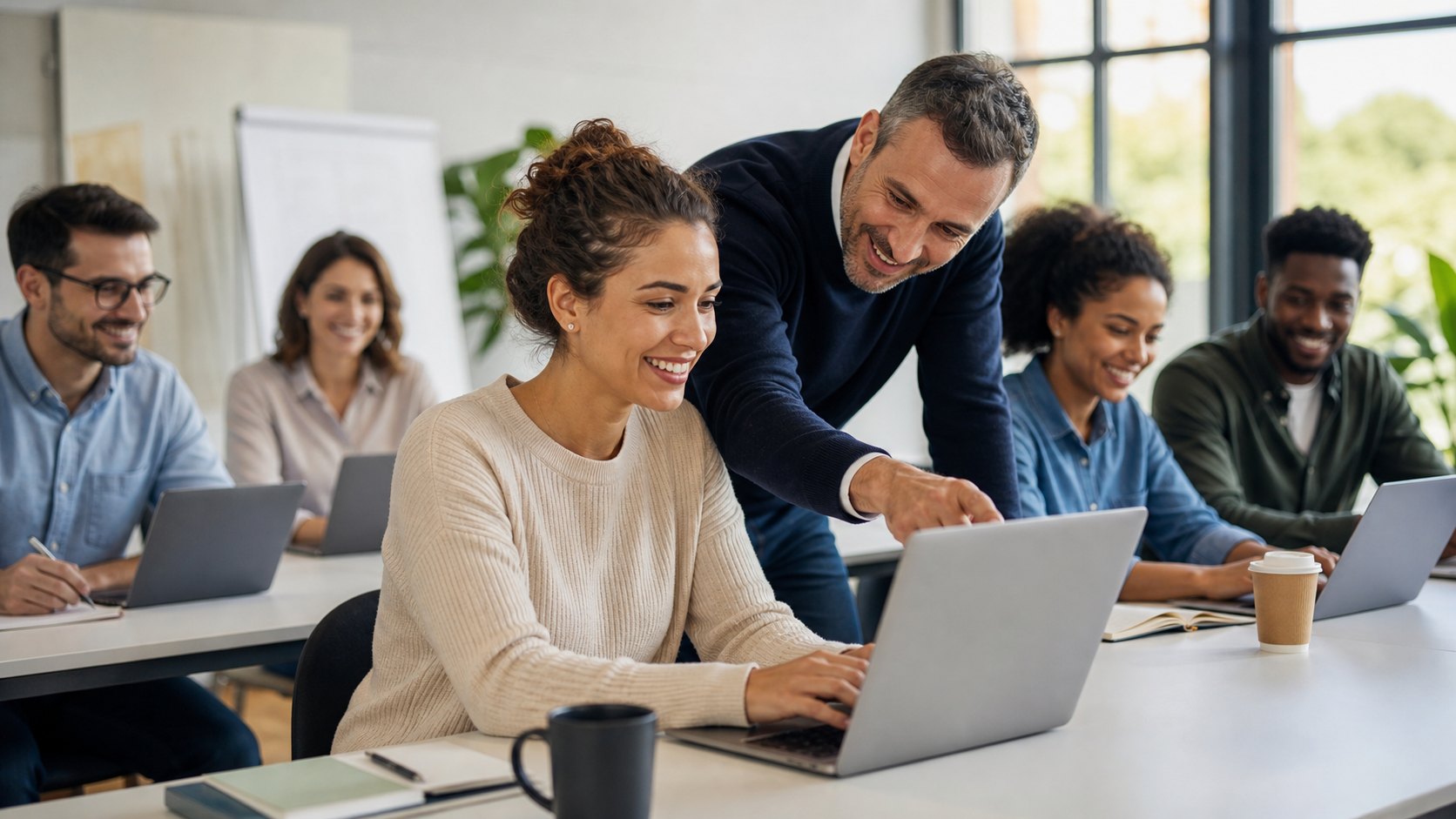 Groupe souriant en formation avec un formateur accompagnant une participante sur son ordinateur